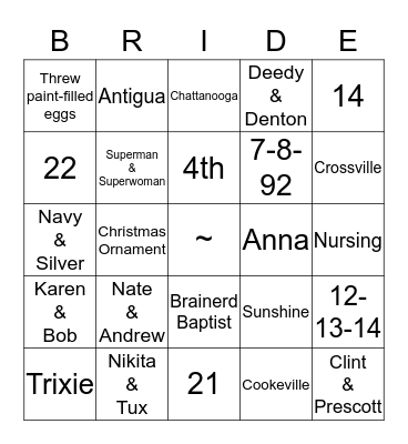 Bridal Bingo Card