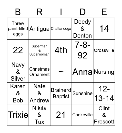 Bridal Bingo Card