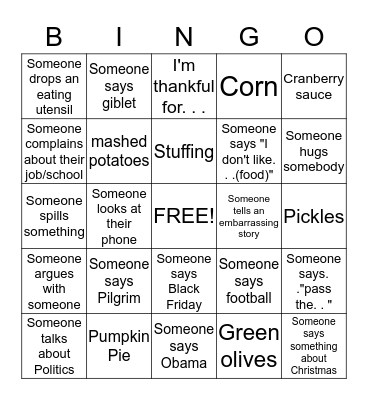 Hansen Thanksgiving Bingo Card