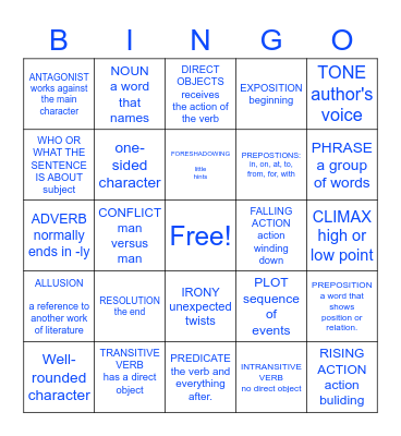 Literary Elements and 8 Parts of Speech Bingo Card