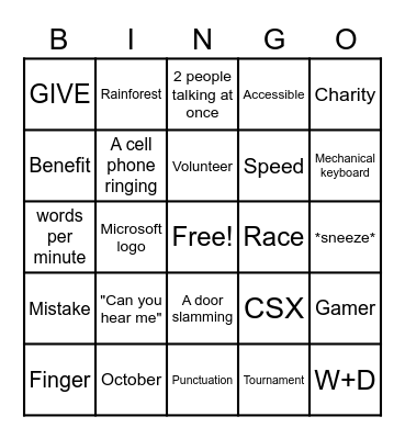 2020 GIVE Speed Typing BINGO Card