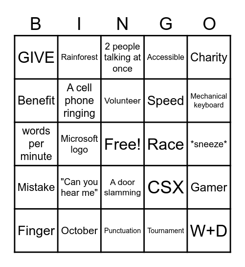 2020 GIVE Speed Typing BINGO Card