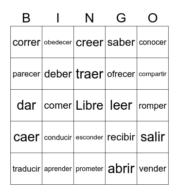 ER/IR/Irregular Yo Verbs Bingo Card