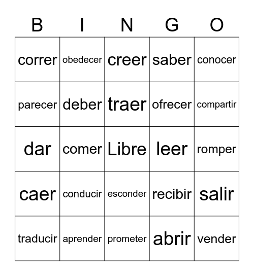ER/IR/Irregular Yo Verbs Bingo Card