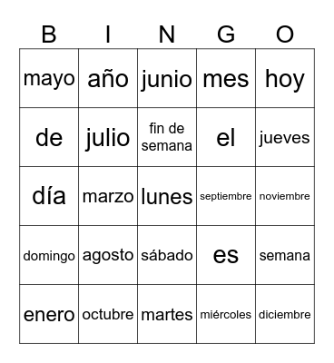 Los meses y los días de la semana Bingo Card