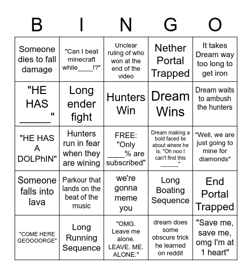 Minecraft Manhunt Bingo Card