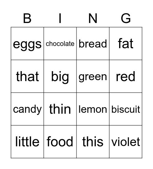 Adjective Bingo Card