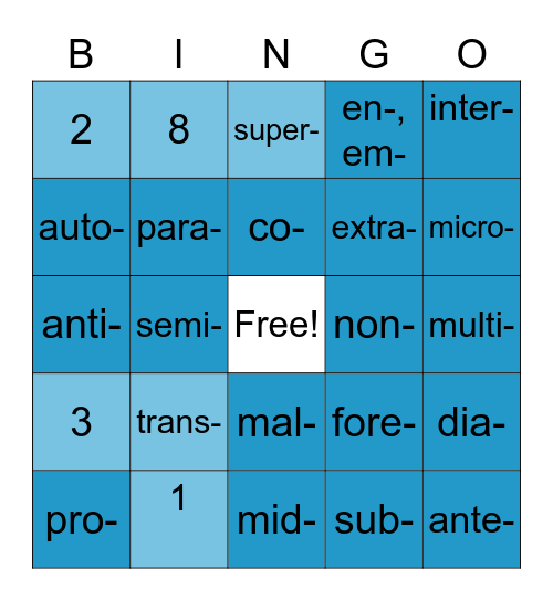 Essential Education Prefixes with Numbers Bingo Card
