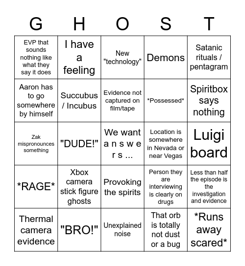 GHOST ADVENTURES Bingo Card