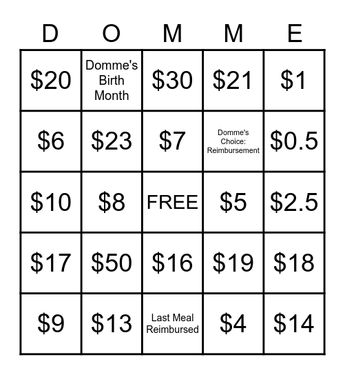 Domme Bingo Card