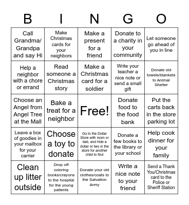 Random Acts of Kindness Advent BINGO Card