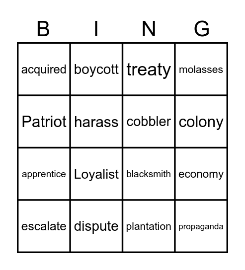 Vocabulary week 6 Bingo Card