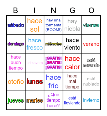 Días de la semana, tiempo, estaciones Bingo Card