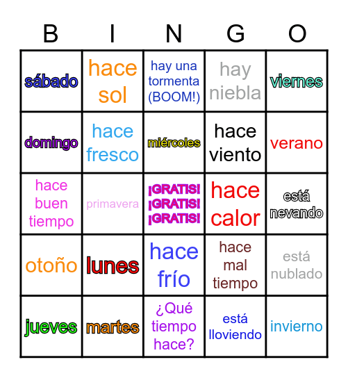 Días de la semana, tiempo, estaciones Bingo Card