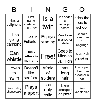 Get to know me ! Bingo Card