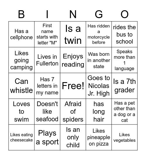 Get to know me ! Bingo Card