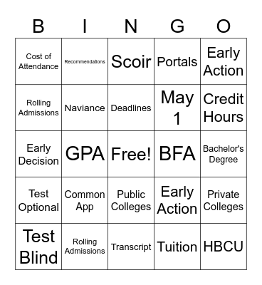 COLLEGE ADMISSIONS Bingo Card