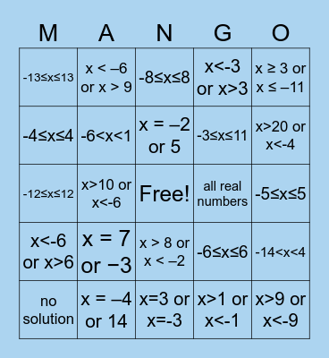 Absolute Value Bingo Card