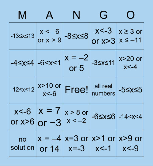 Absolute Value Bingo Card