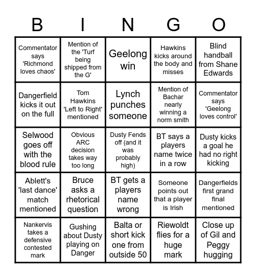 Afl 2020 Grand Final Bingo Card