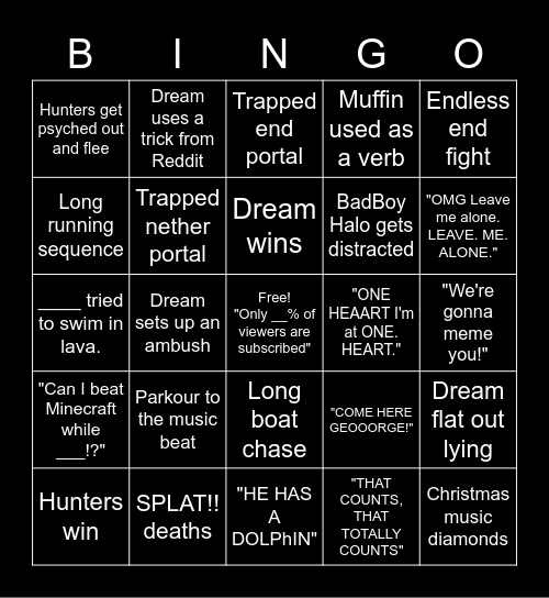 Minecraft Manhunt Bingo Card