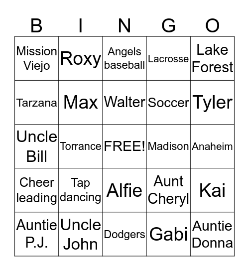 Family Game Night Bingo Card