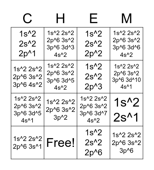 Electron Configuration (30 elements) Bingo Card