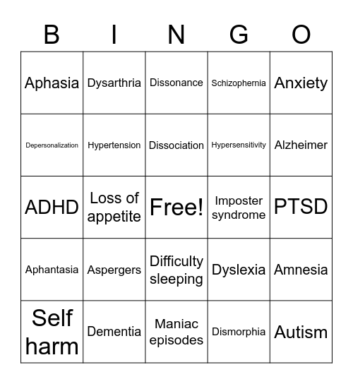 Mental Health Bingo Card