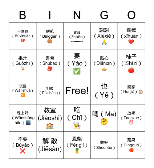 Unit 2 Chinese Pratice Bingo Card