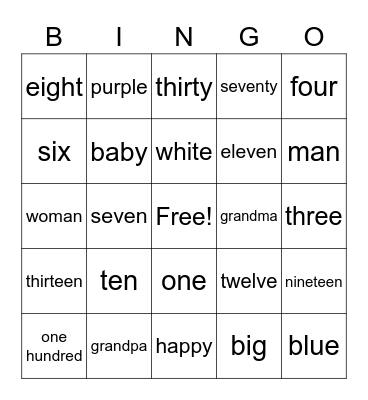 Basic Vocabulary Review Bingo Card