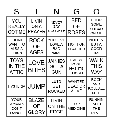 505 VAN HALEN VS POISON VS DEF LEPPARD VS AEROSMITH VS BON JOVI Bingo Card