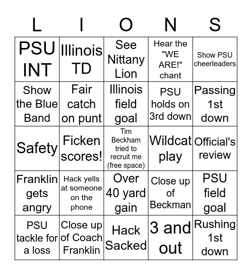Penn State vs. Illinois Bingo Card