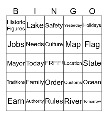 Social Studies Words Bingo Card