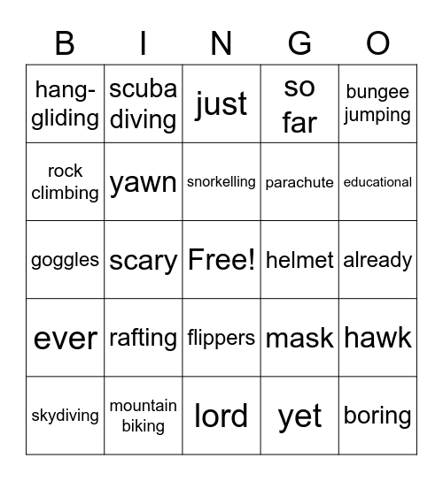 movies & extreme sports Bingo Card
