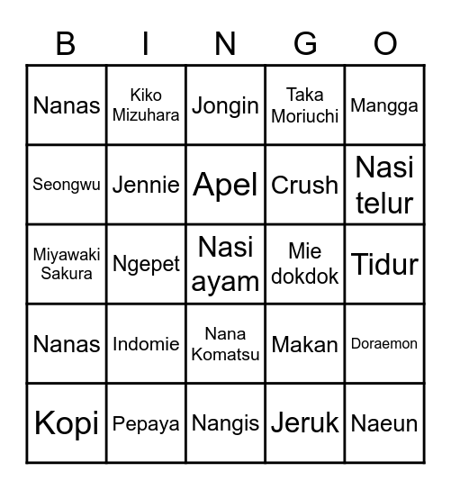 Punya Jongin Bingo Card