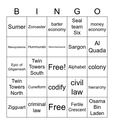 Ancient  Middle East and Egypt Bingo Card
