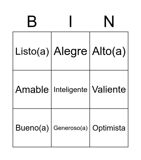 Spanish Adjective Bingo CI Bingo Card