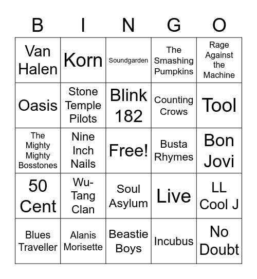 Caruso's 90s music bingo Card