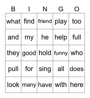 Sight Word BINGO Card