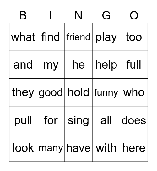 Sight Word BINGO Card