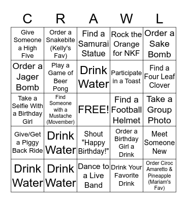 Kelly and Mariam's Birthday Bar Bingo Card