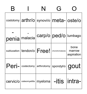 Medical Terminology Skeletal System Bingo Card