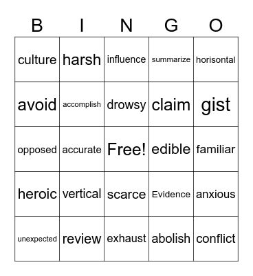 5th Grade Tier II Vocab Bingo Card