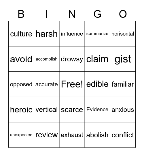 5th Grade Tier II Vocab Bingo Card