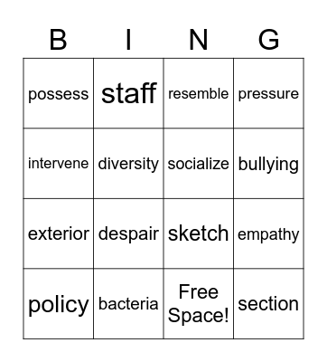 Vocabulary Bingo Card