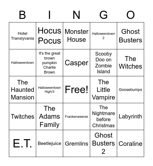 Halloween Movie Bingo Card