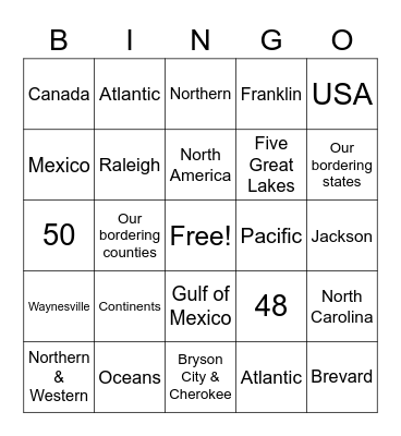 Basic Geography Bingo Card