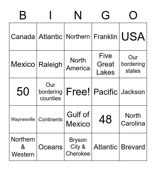 Basic Geography Bingo Card