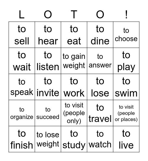 Les verbes en -ir, -re, et -er Bingo Card