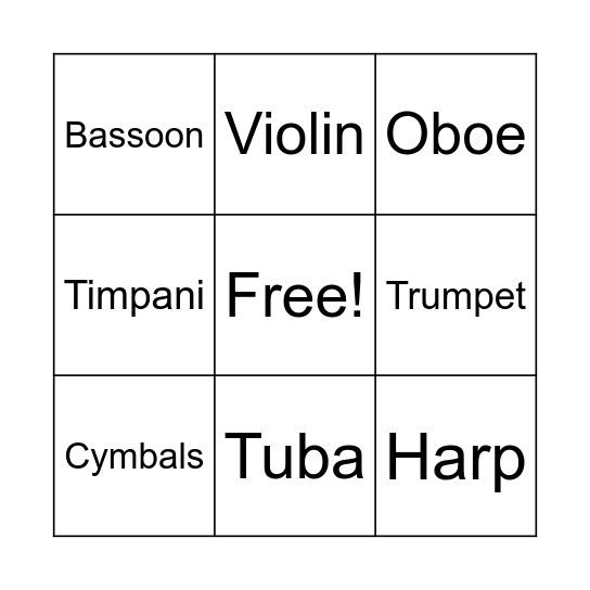 Bingo (String, Brass, Woodwind, Percussion) Bingo Card